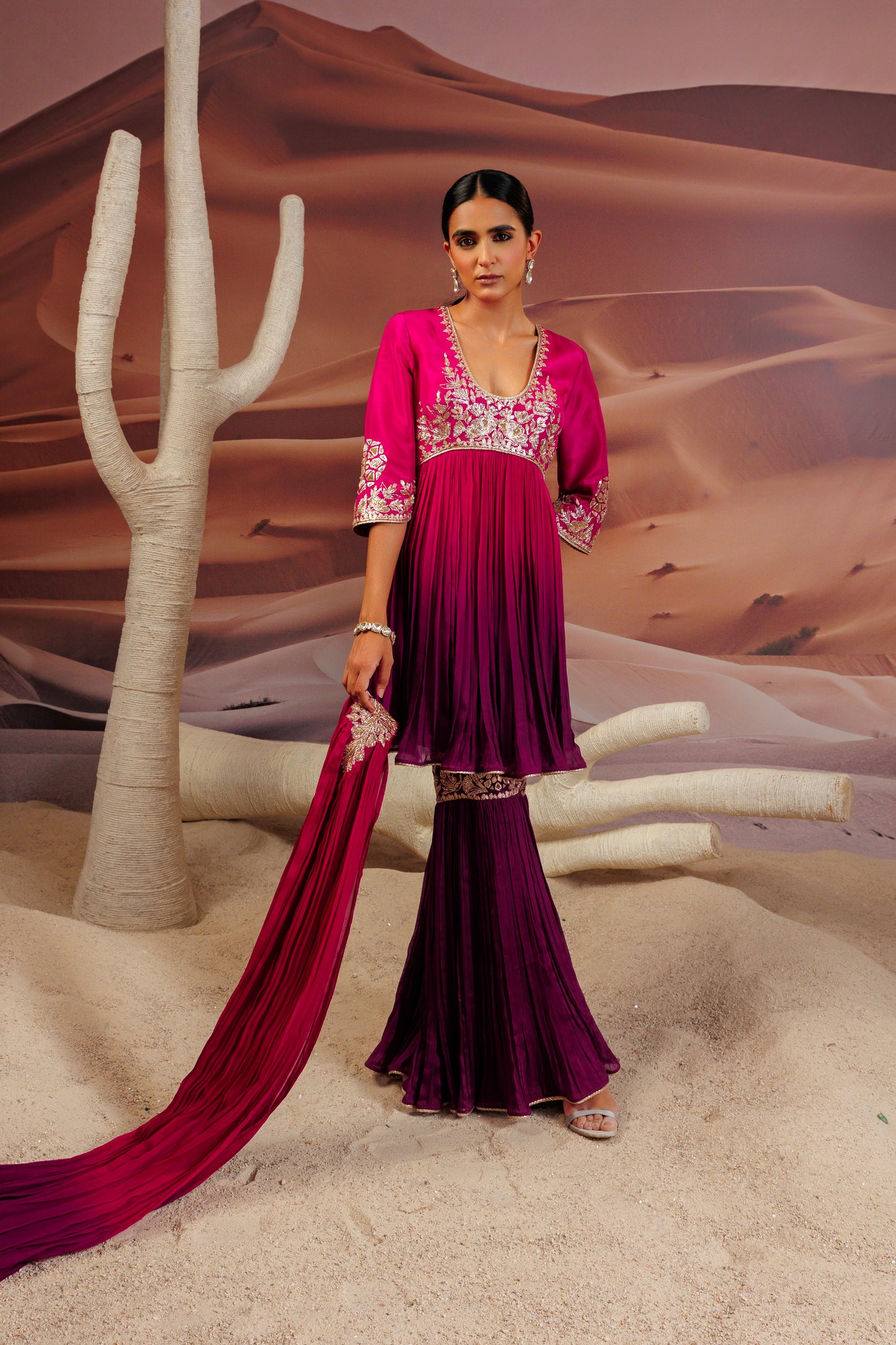 Fuschia purple shaded pleated flare top and  sharara pants