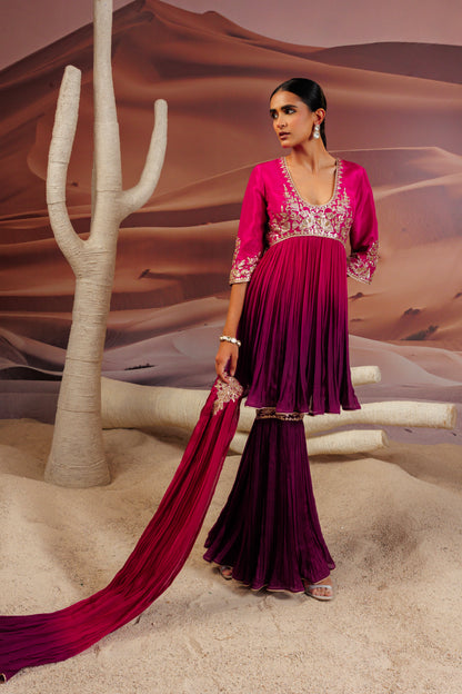 Fuschia purple shaded pleated flare top and  sharara pants