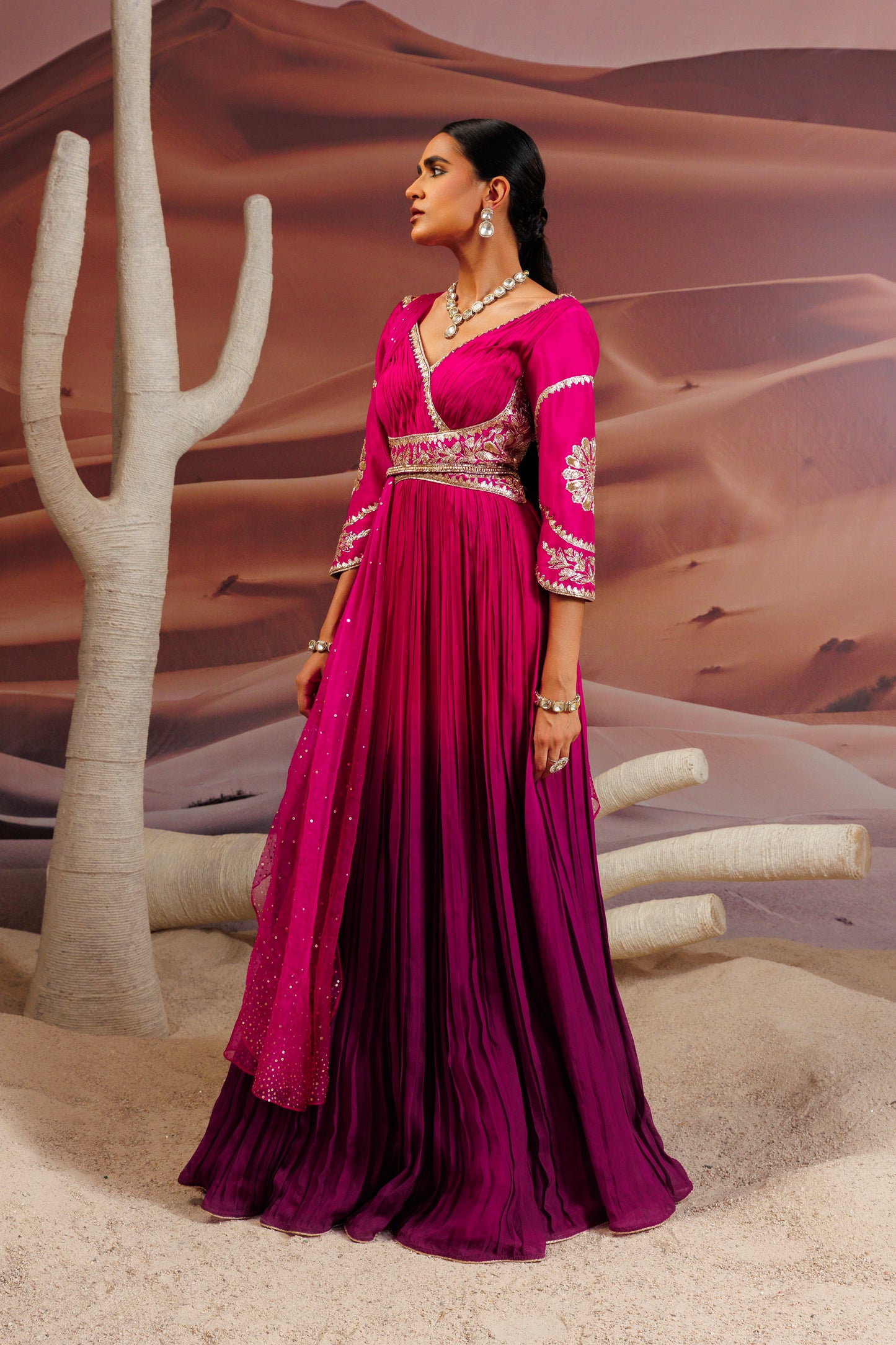Fuschia purple shaded pleated flare anarkali