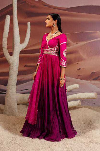 Fuschia purple shaded pleated flare anarkali