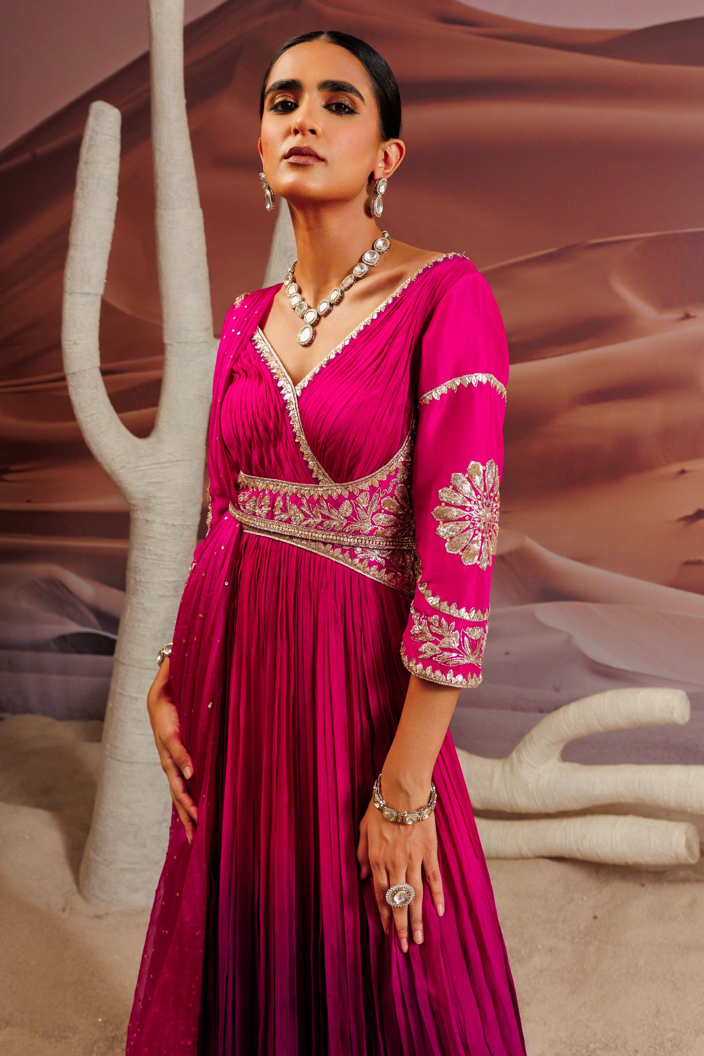 Fuschia purple shaded pleated flare anarkali