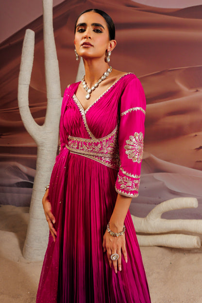 Fuschia purple shaded pleated flare anarkali