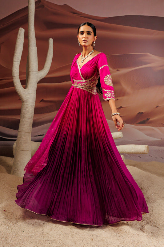 Fuschia purple shaded pleated flare anarkali