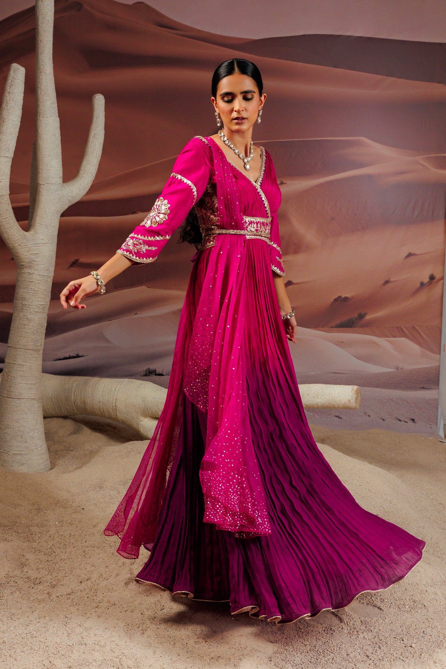 Fuschia purple shaded pleated flare anarkali