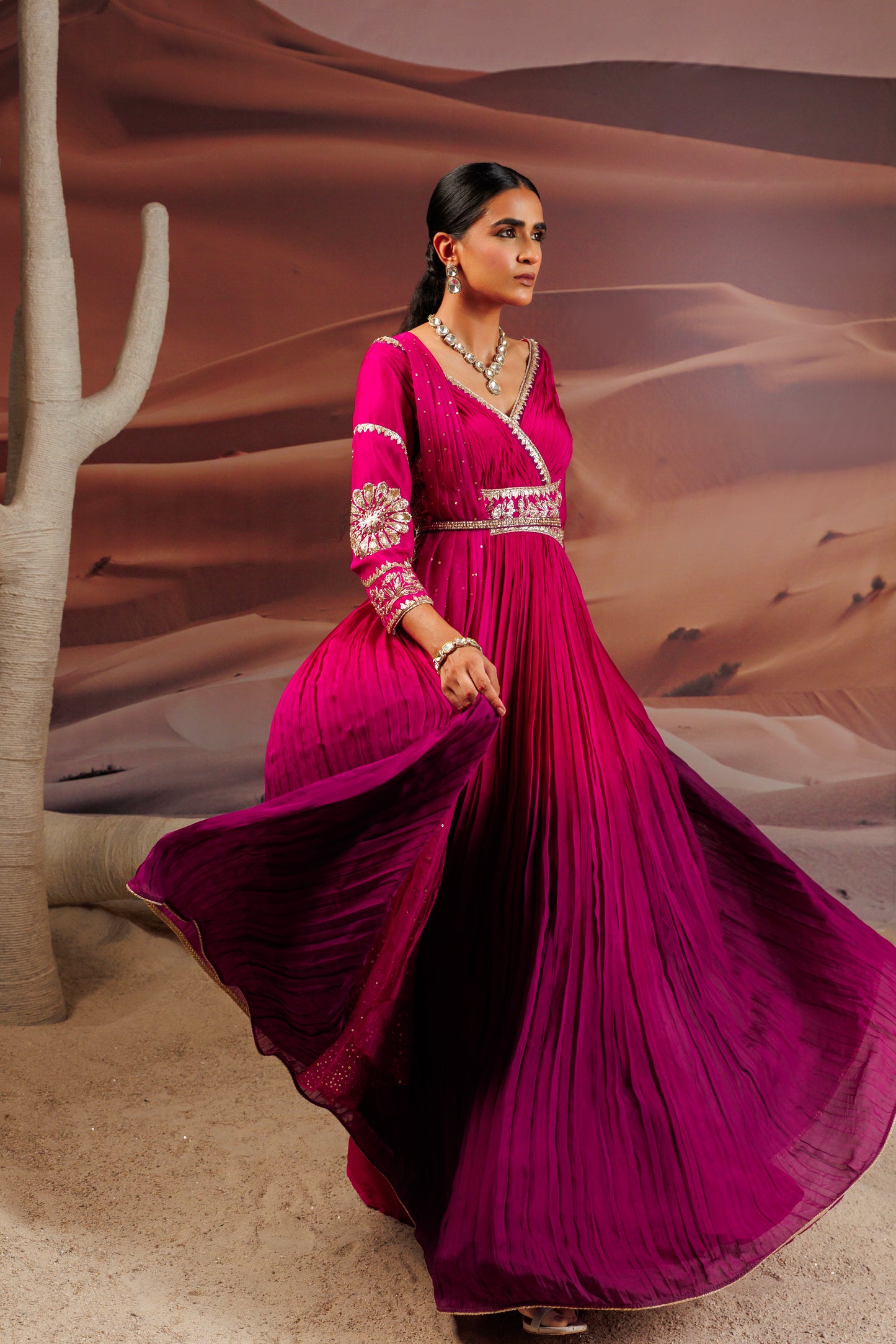 Fuschia purple shaded pleated flare anarkali