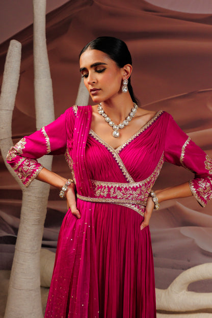 Fuschia purple shaded pleated flare anarkali