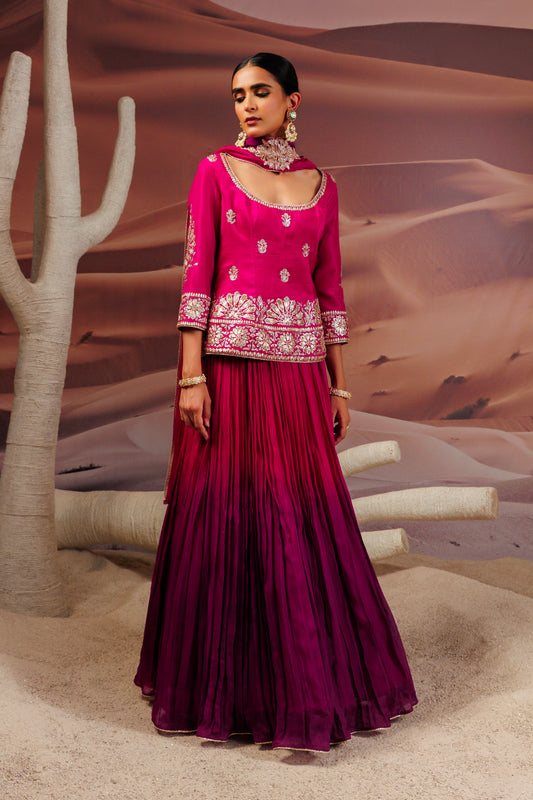 Fuschia long straight blouse with skirt