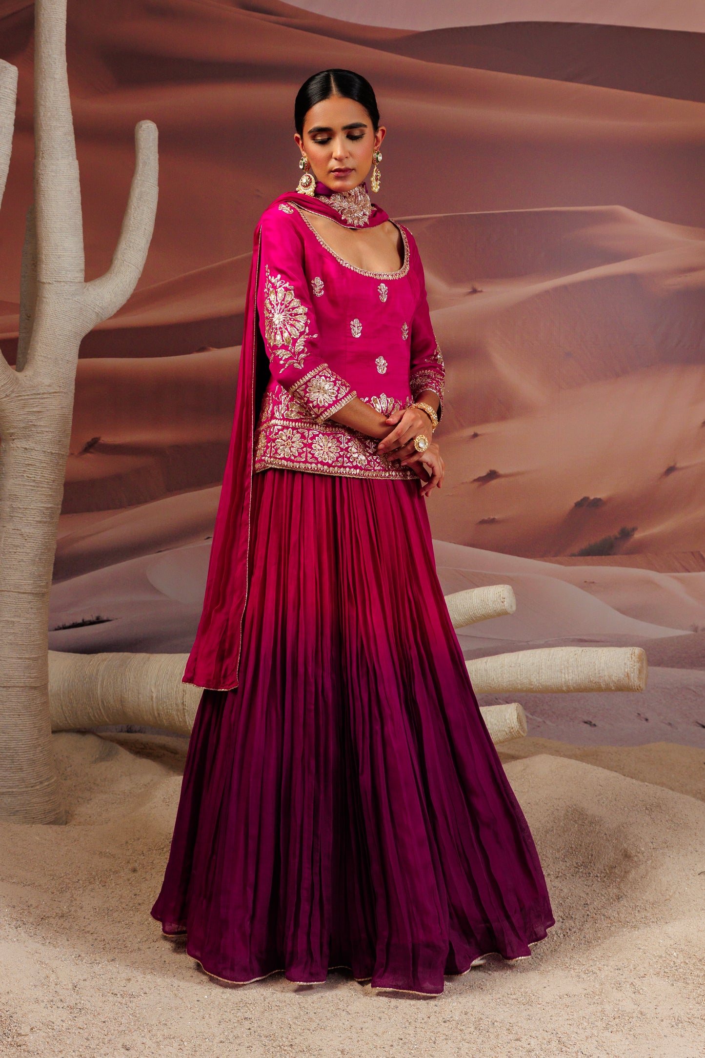 Fuschia long straight blouse with skirt