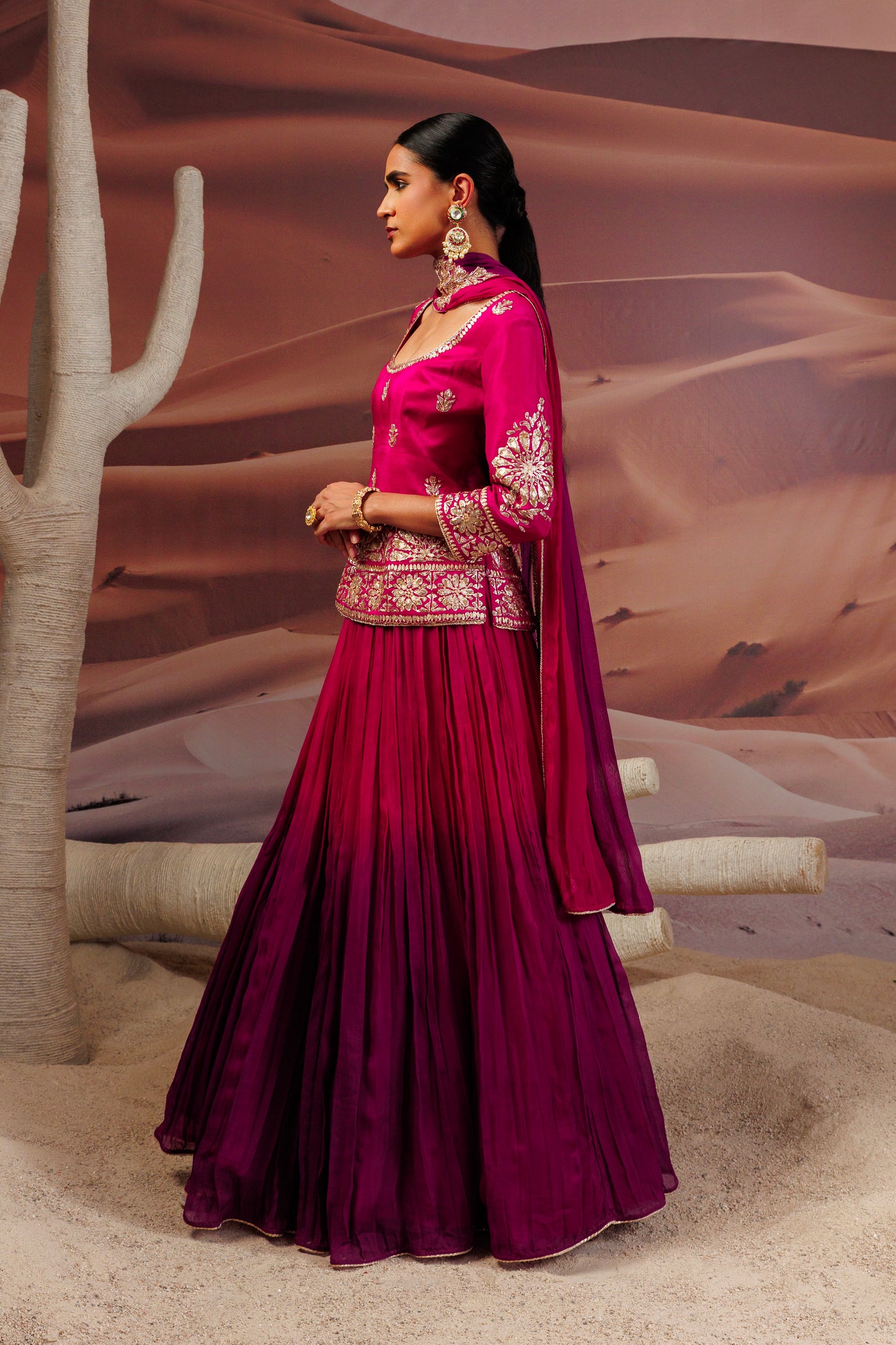 Fuschia long straight blouse with skirt