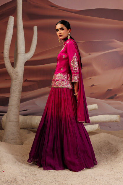 Fuschia long straight blouse with skirt