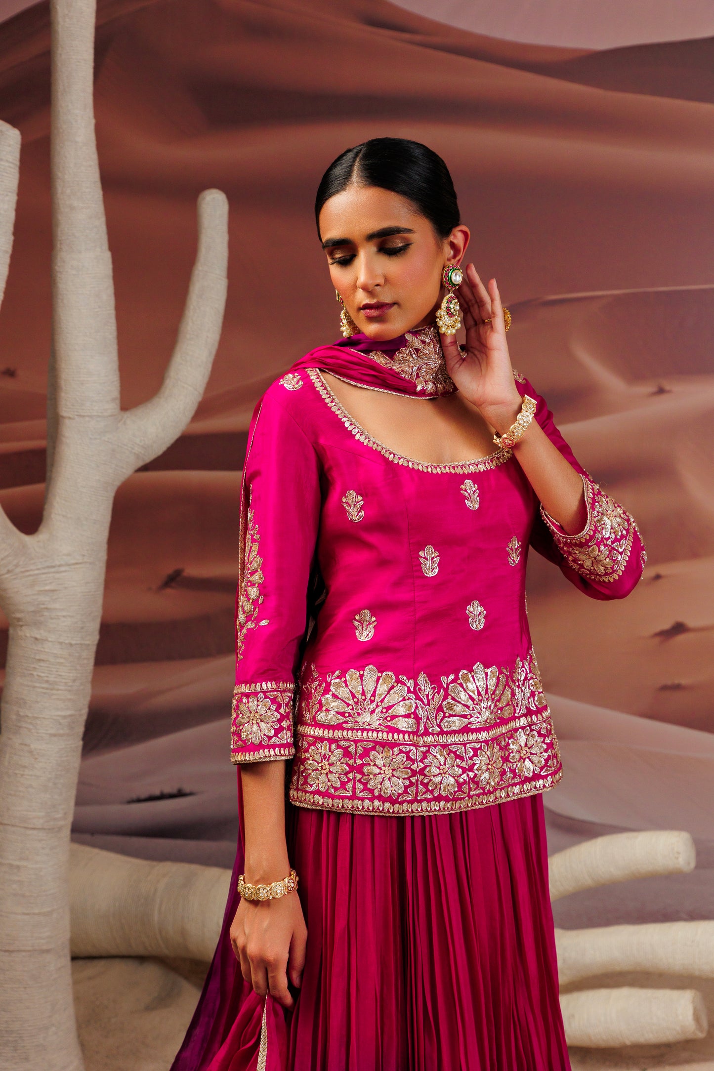 Fuschia long straight blouse with skirt