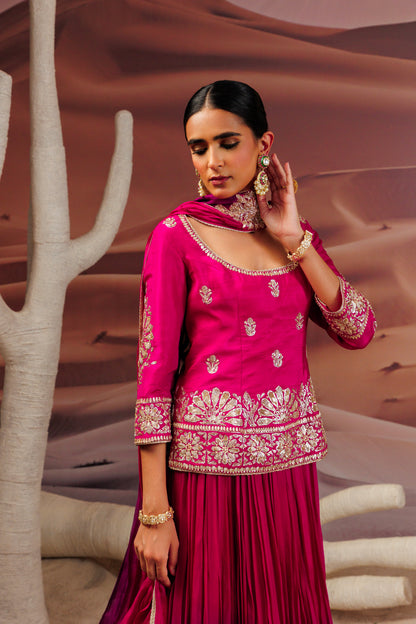 Fuschia long straight blouse with skirt