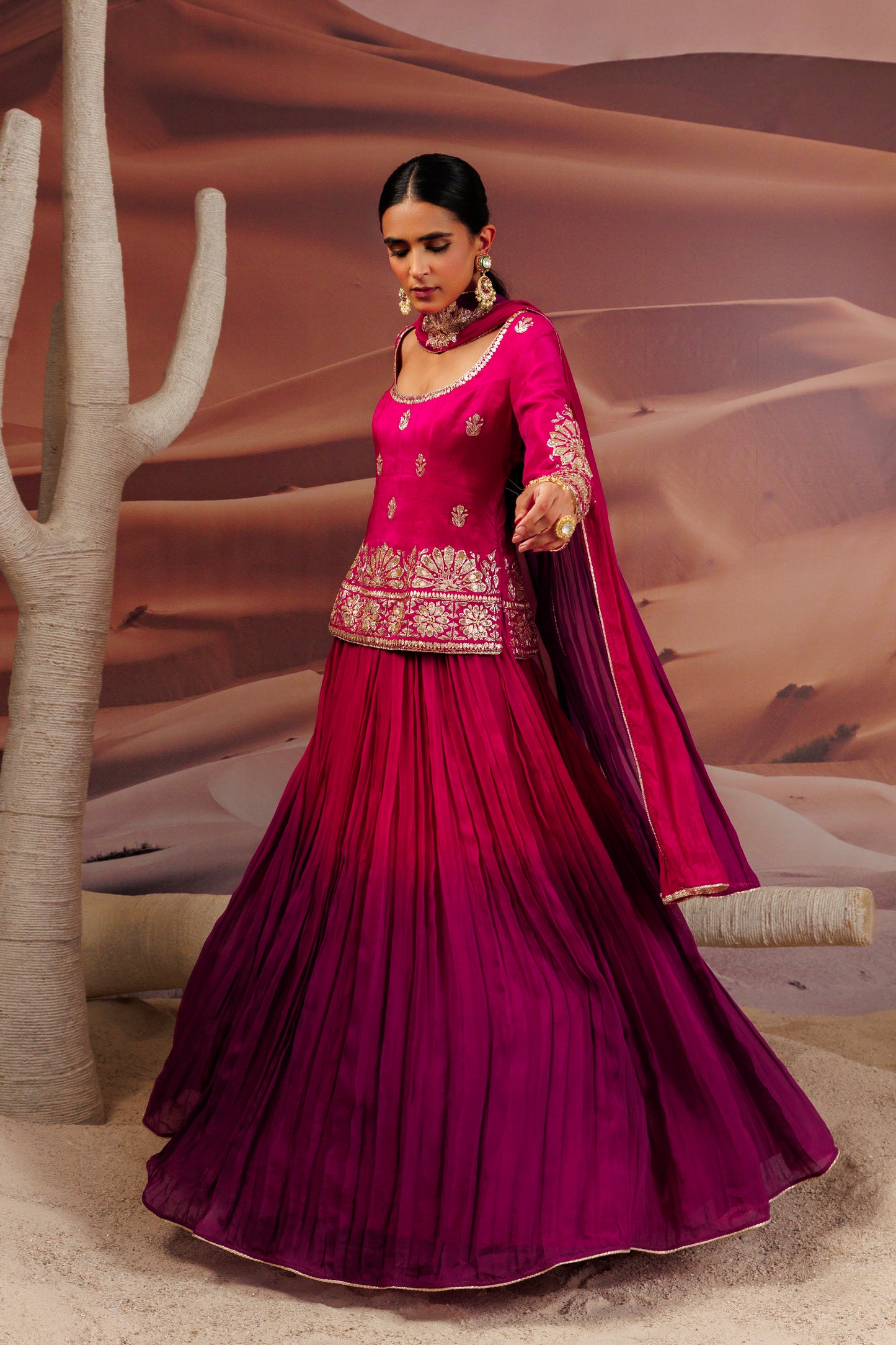 Fuschia long straight blouse with skirt