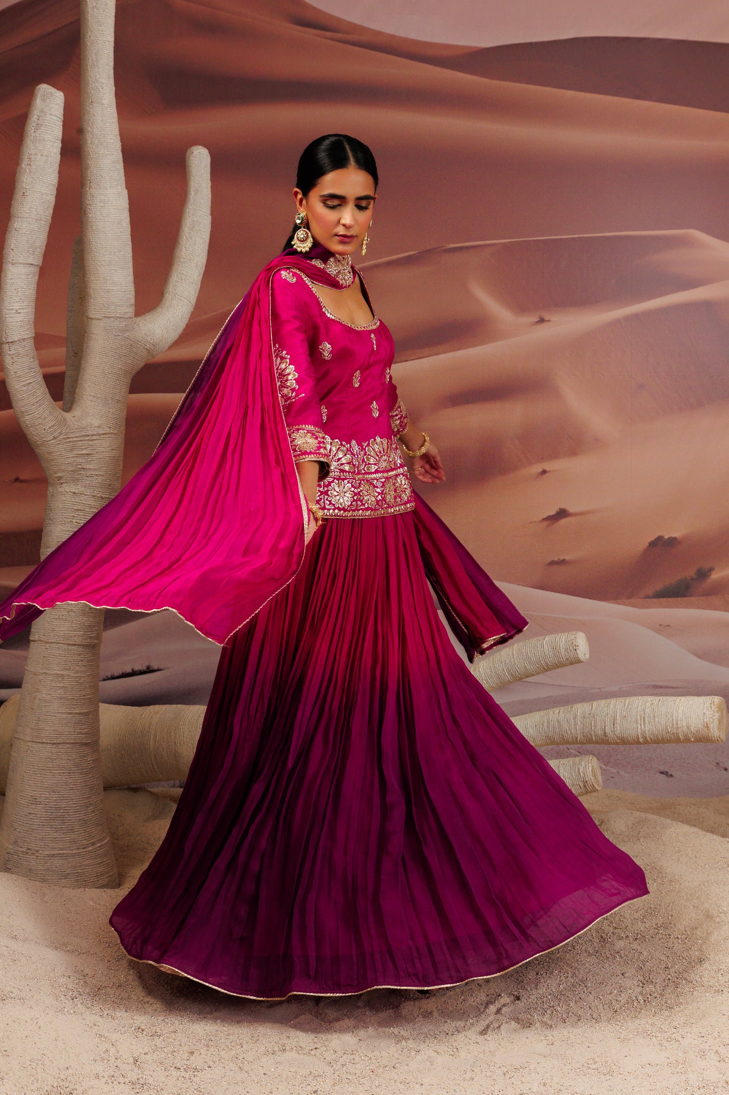 Fuschia long straight blouse with skirt