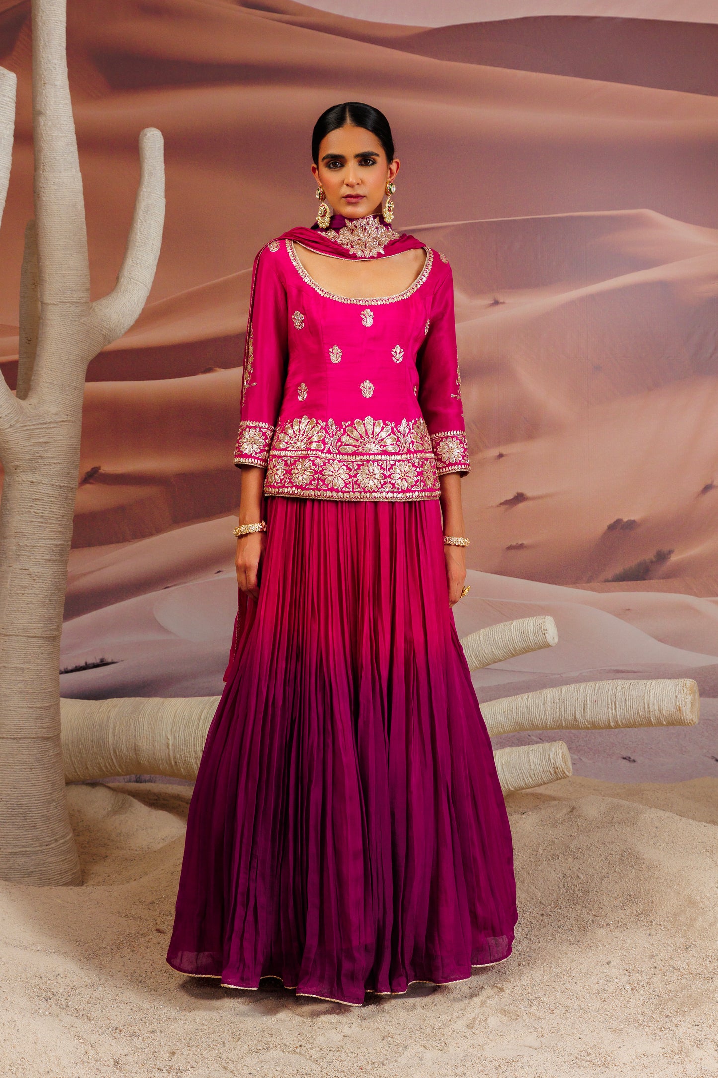 Fuschia long straight blouse with skirt