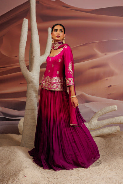 Fuschia long straight blouse with skirt