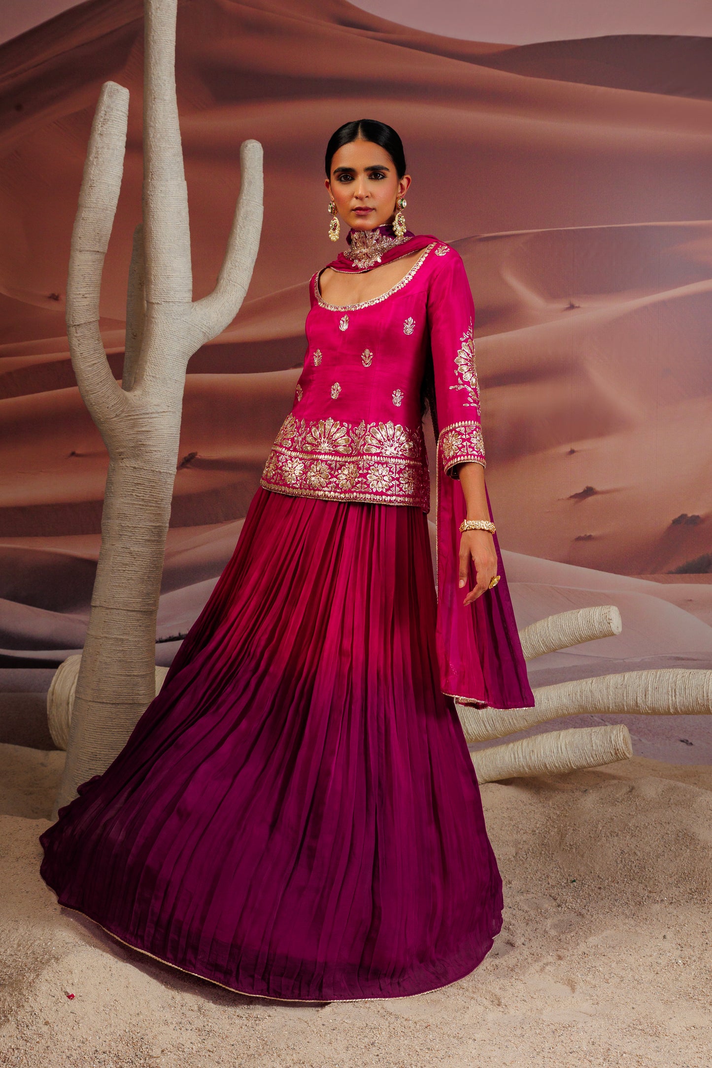 Fuschia long straight blouse with skirt