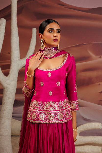 Fuschia long straight blouse with skirt
