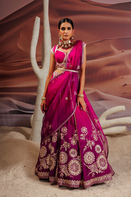 Fuschia purple ombre shaded 10 kali lehenga with embroidered belt