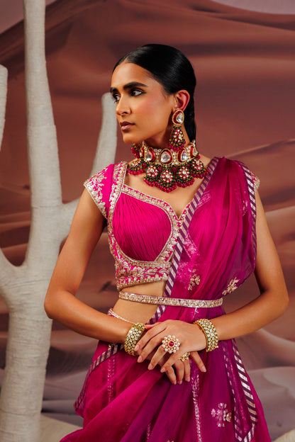 Fuschia purple ombre shaded 10 kali lehenga with embroidered belt