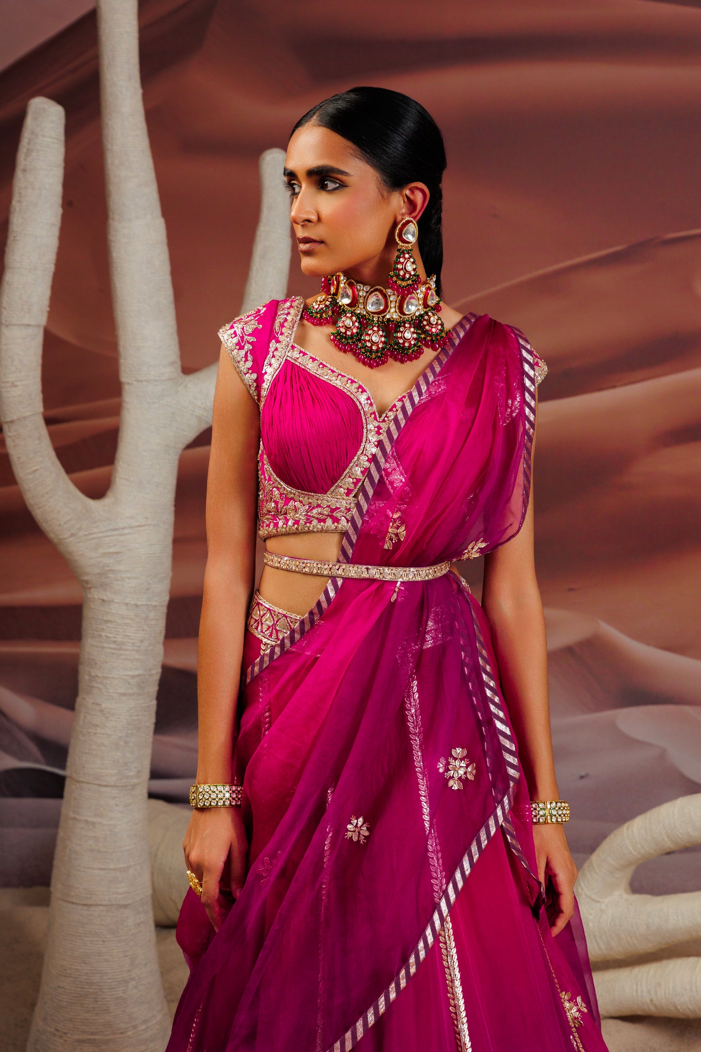 Fuschia purple ombre shaded 10 kali lehenga with embroidered belt