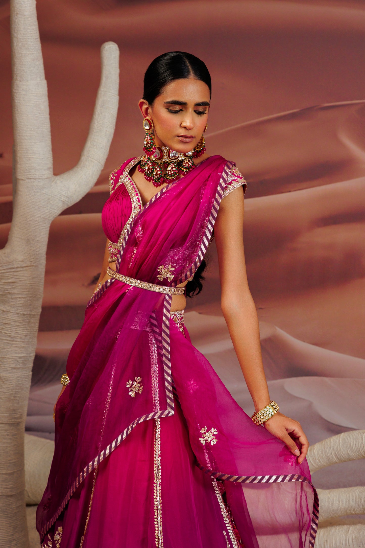 Fuschia purple ombre shaded 10 kali lehenga with embroidered belt