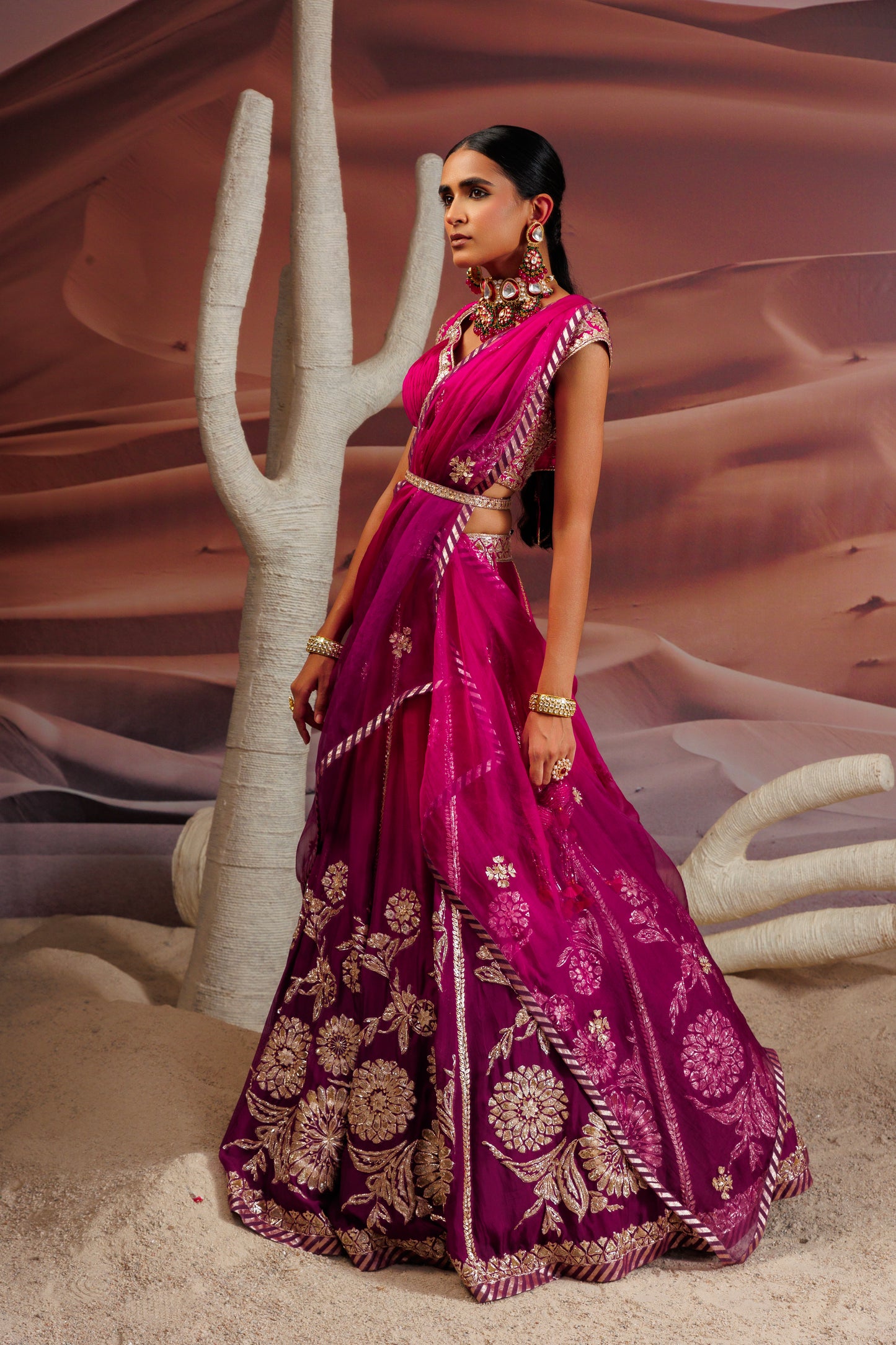 Fuschia purple ombre shaded 10 kali lehenga with embroidered belt