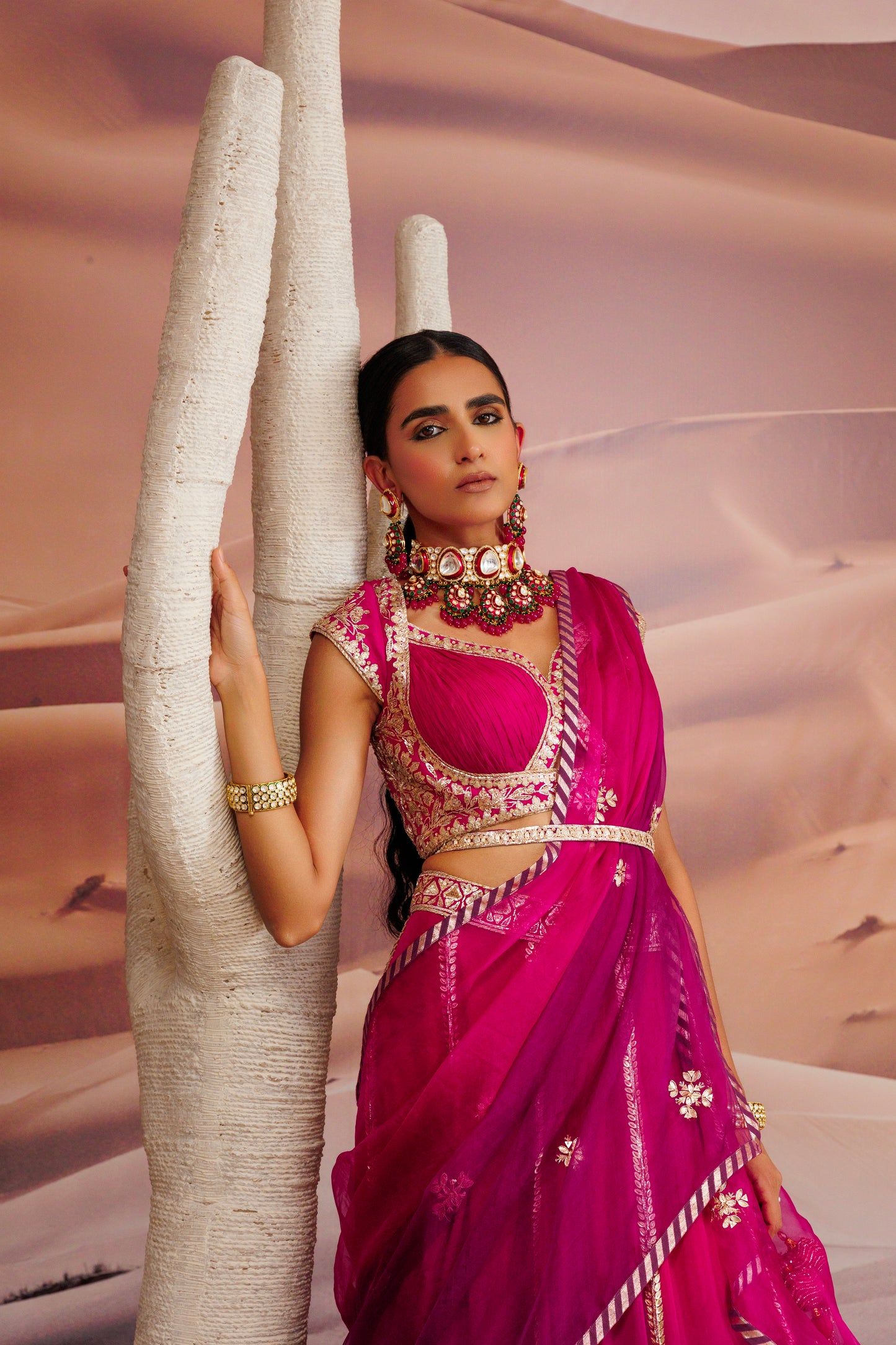 Fuschia purple ombre shaded 10 kali lehenga with embroidered belt