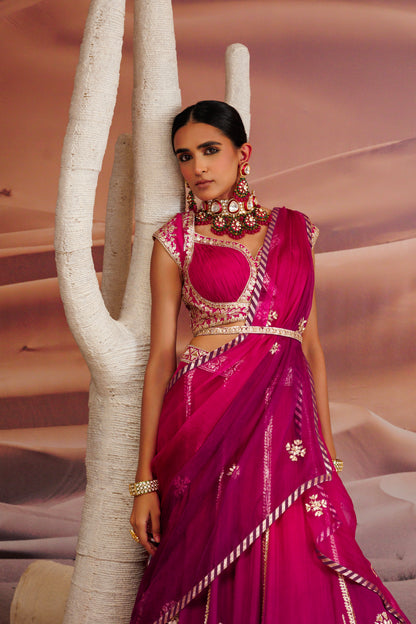 Fuschia purple ombre shaded 10 kali lehenga with embroidered belt
