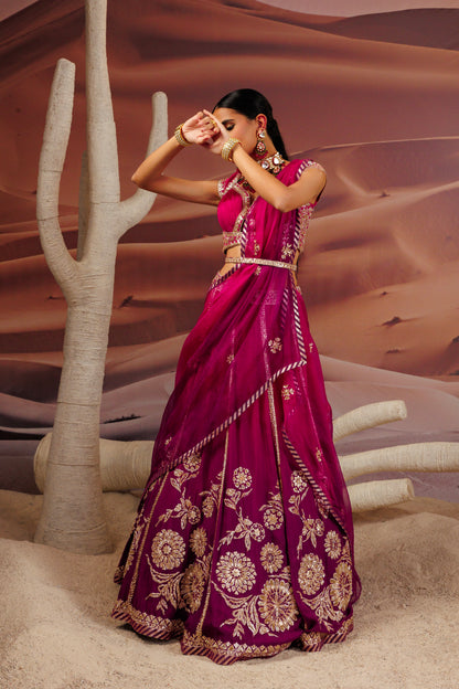Fuschia purple ombre shaded 10 kali lehenga with embroidered belt