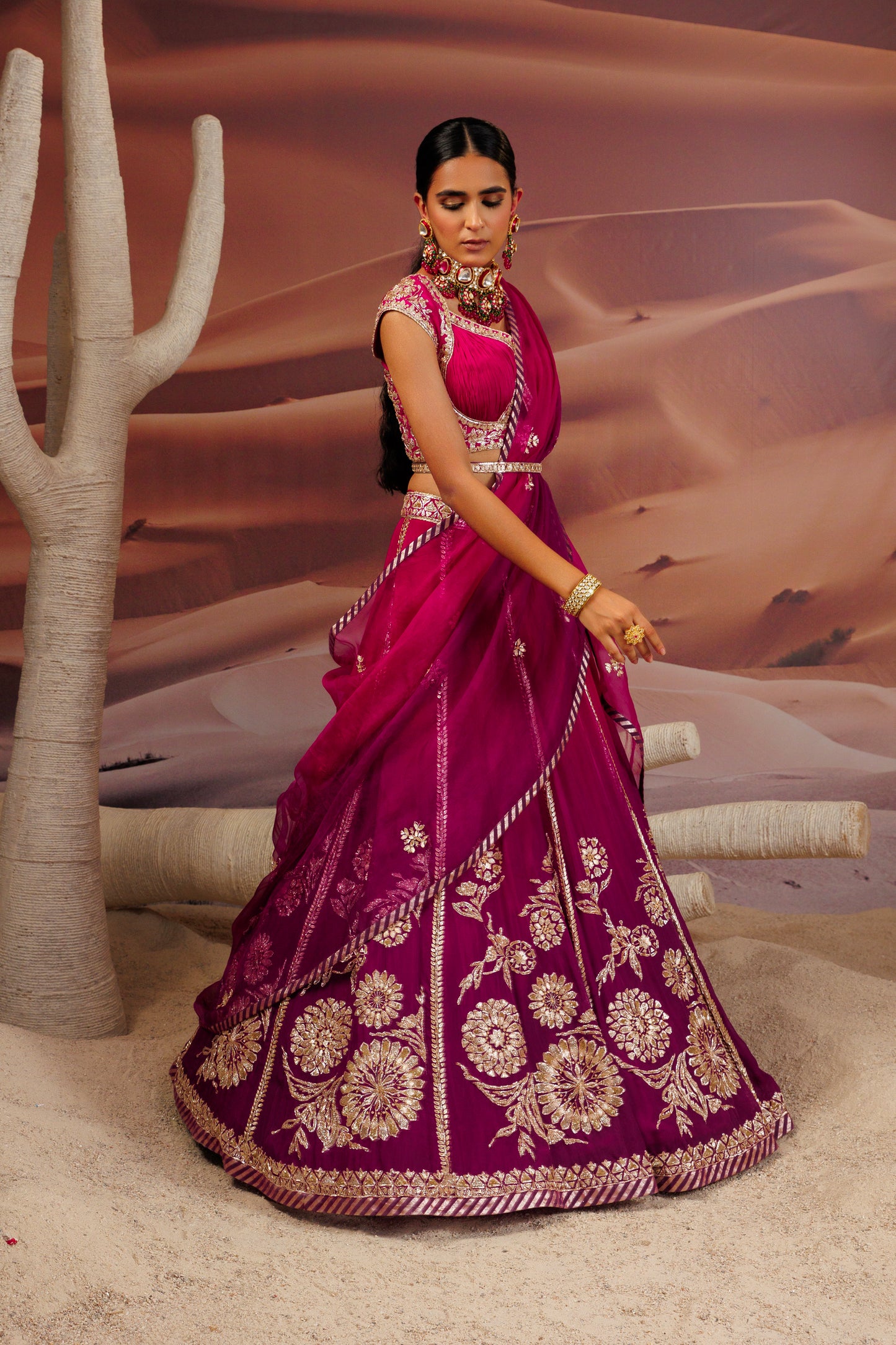 Fuschia purple ombre shaded 10 kali lehenga with embroidered belt