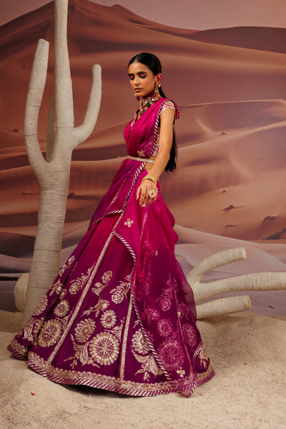 Fuschia purple ombre shaded 10 kali lehenga with embroidered belt