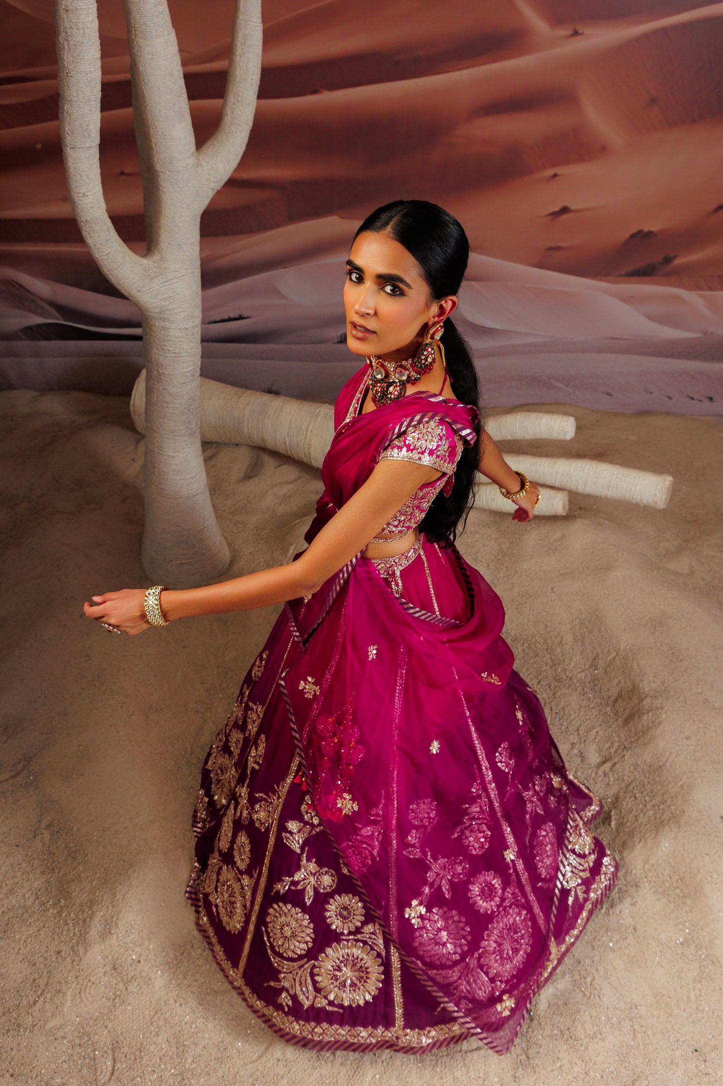 Fuschia purple ombre shaded 10 kali lehenga with embroidered belt