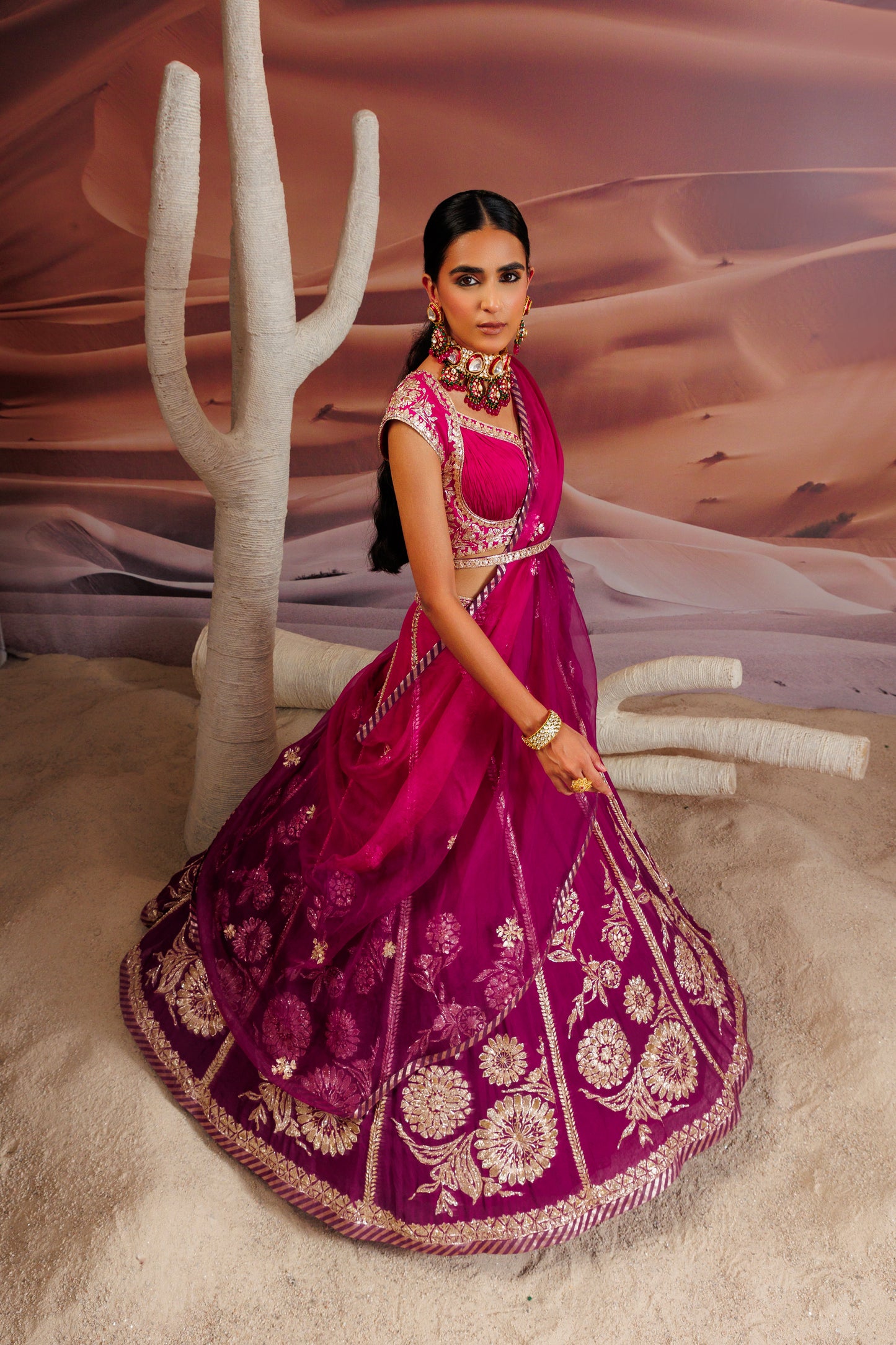 Fuschia purple ombre shaded 10 kali lehenga with embroidered belt