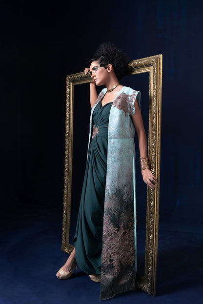 Aqua blue green ombre jacquard weave long jacket set