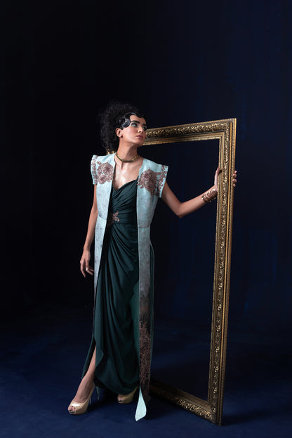 Aqua blue green ombre jacquard weave long jacket set