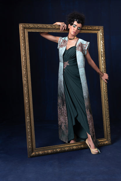 Aqua blue green ombre jacquard weave long jacket set