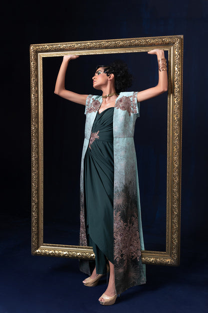 Aqua blue green ombre jacquard weave long jacket set
