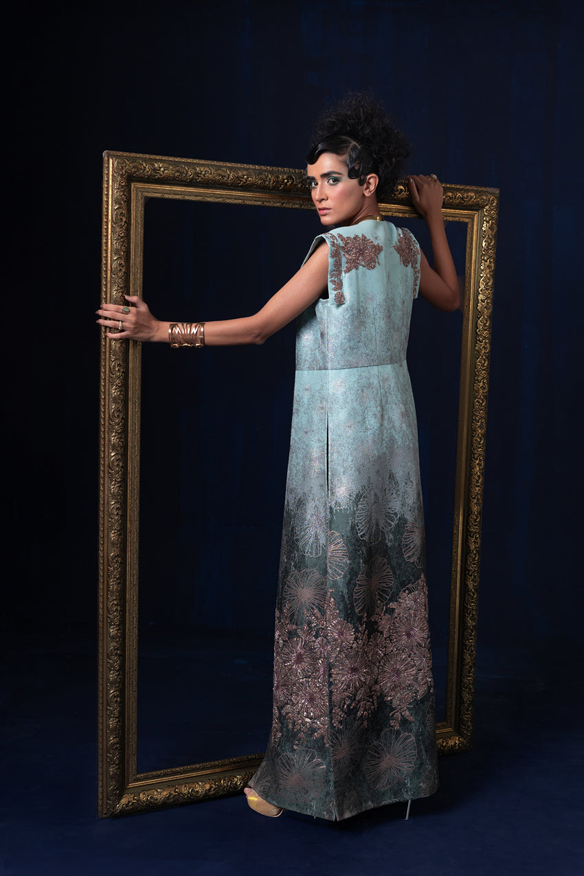 Aqua blue green ombre jacquard weave long jacket set