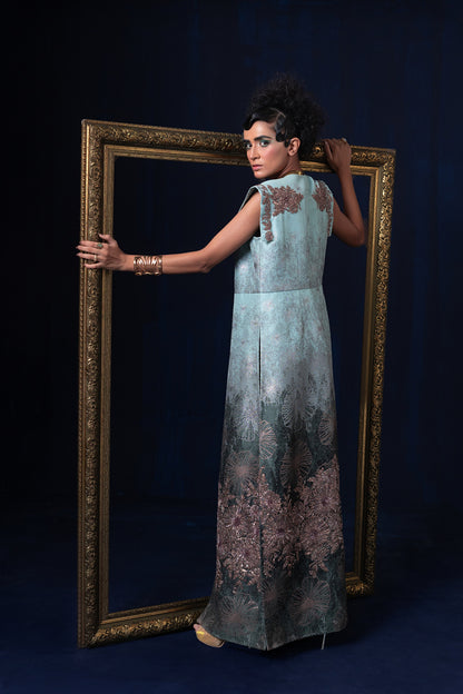 Aqua blue green ombre jacquard weave long jacket set