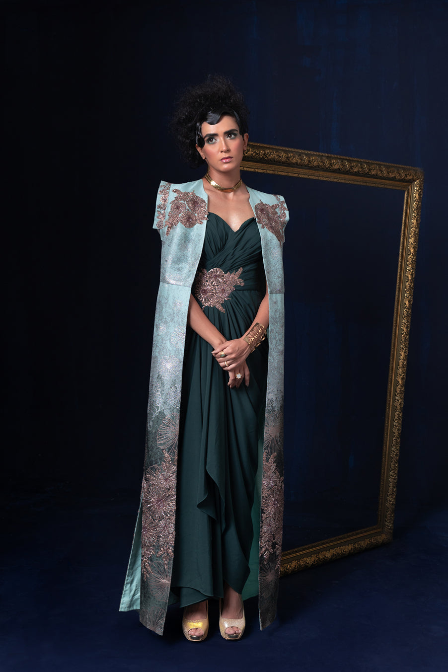 Aqua blue green ombre jacquard weave long jacket set