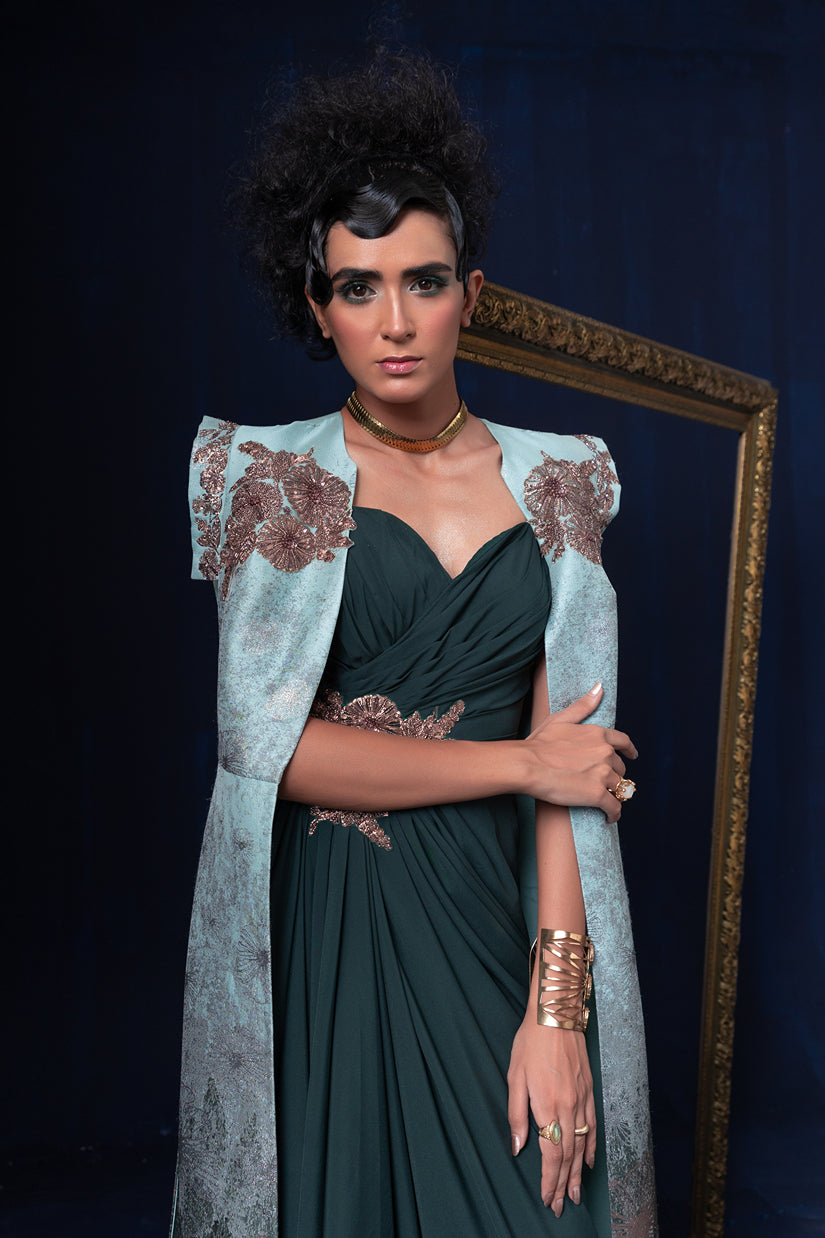 Aqua blue green ombre jacquard weave long jacket set