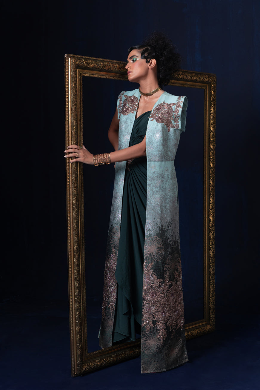 Aqua blue green ombre jacquard weave long jacket set