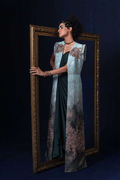 Aqua blue green ombre jacquard weave long jacket set