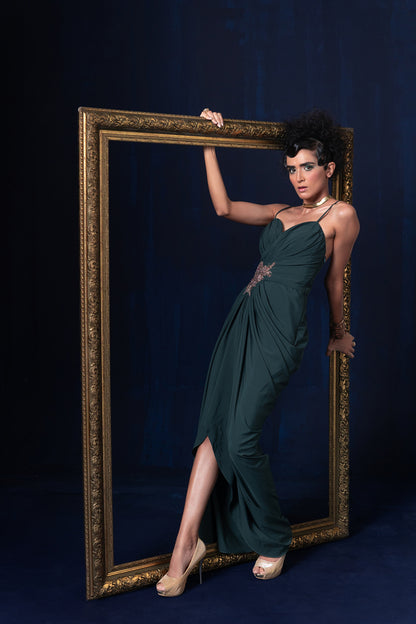 Aqua blue green ombre jacquard weave long jacket set