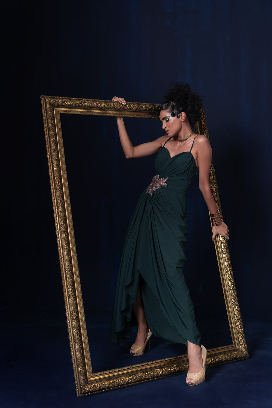 Aqua blue green ombre jacquard weave long jacket set