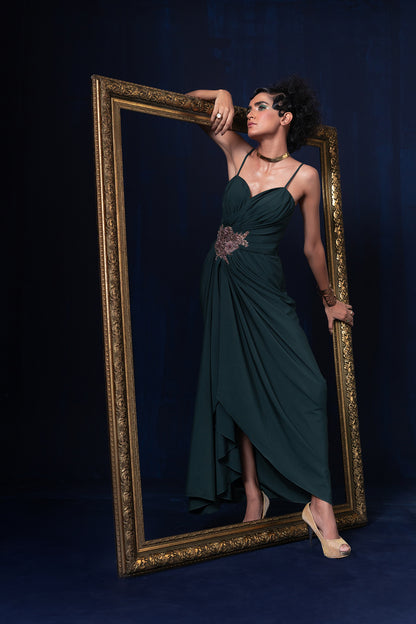 Aqua blue green ombre jacquard weave long jacket set