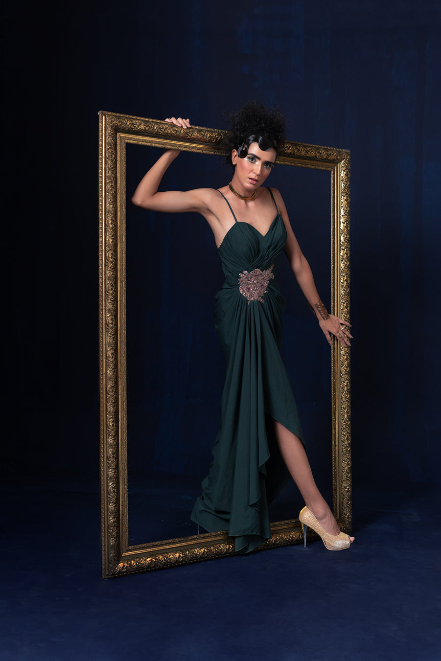 Aqua blue green ombre jacquard weave long jacket set