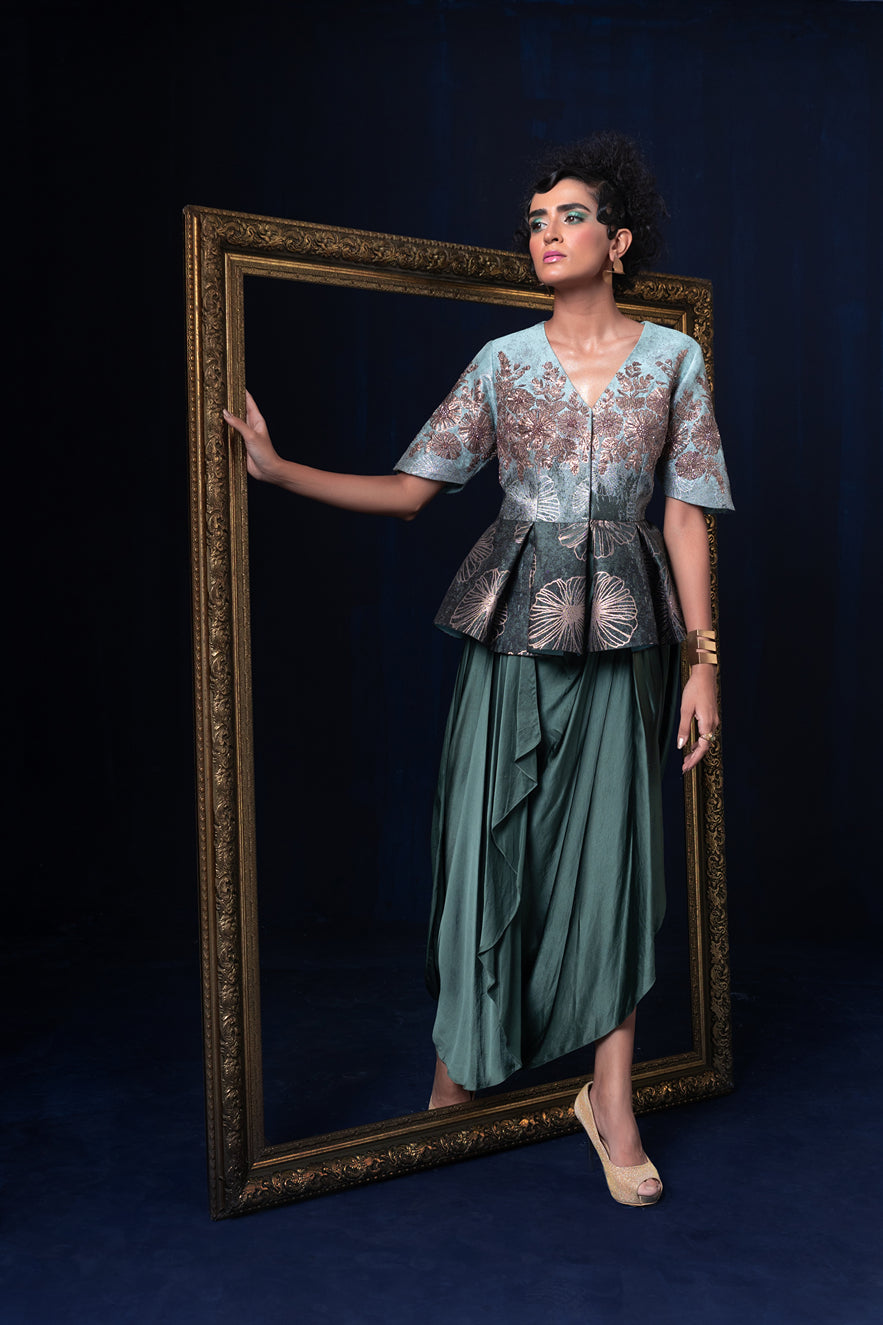 Aqua blue green ombre jacquard weave peplum top