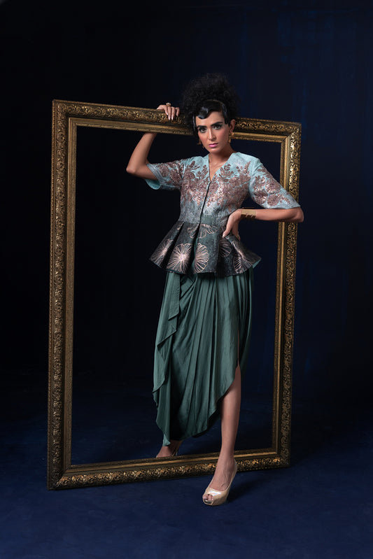 Aqua blue green ombre jacquard weave peplum top